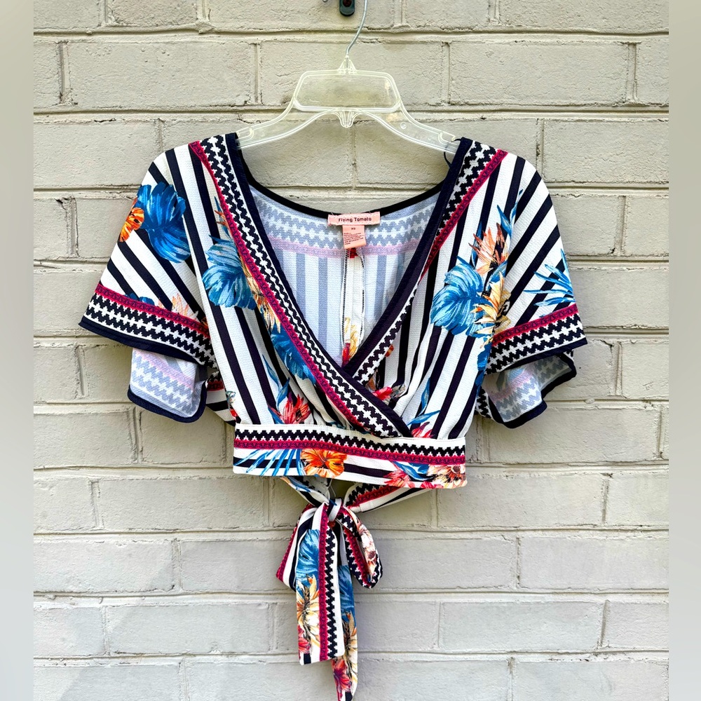 EUC Flying Tomato Blue Flutter Sleeve Wrap Blouse Size XS